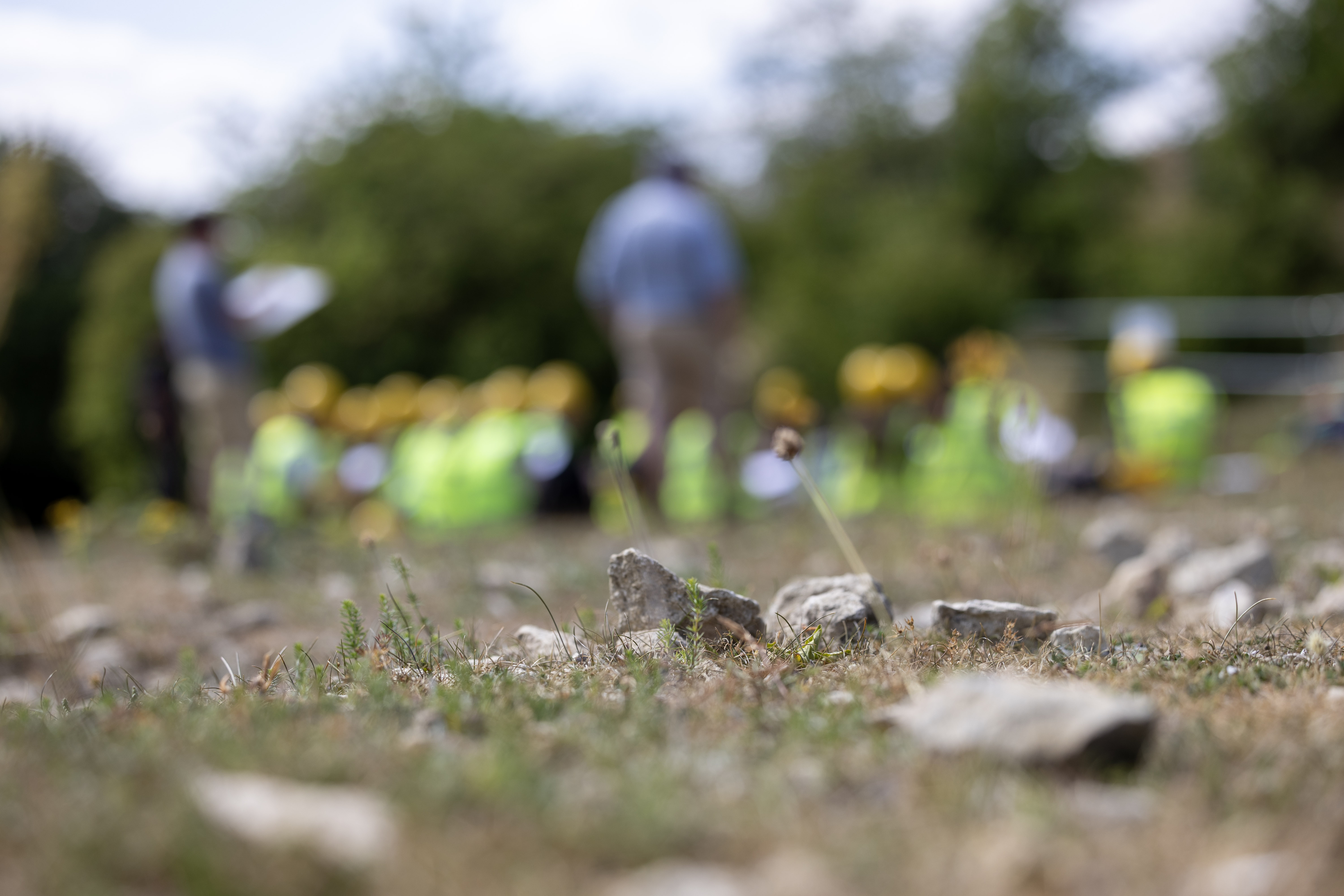 Rocks in foreground and group in hard hats in background